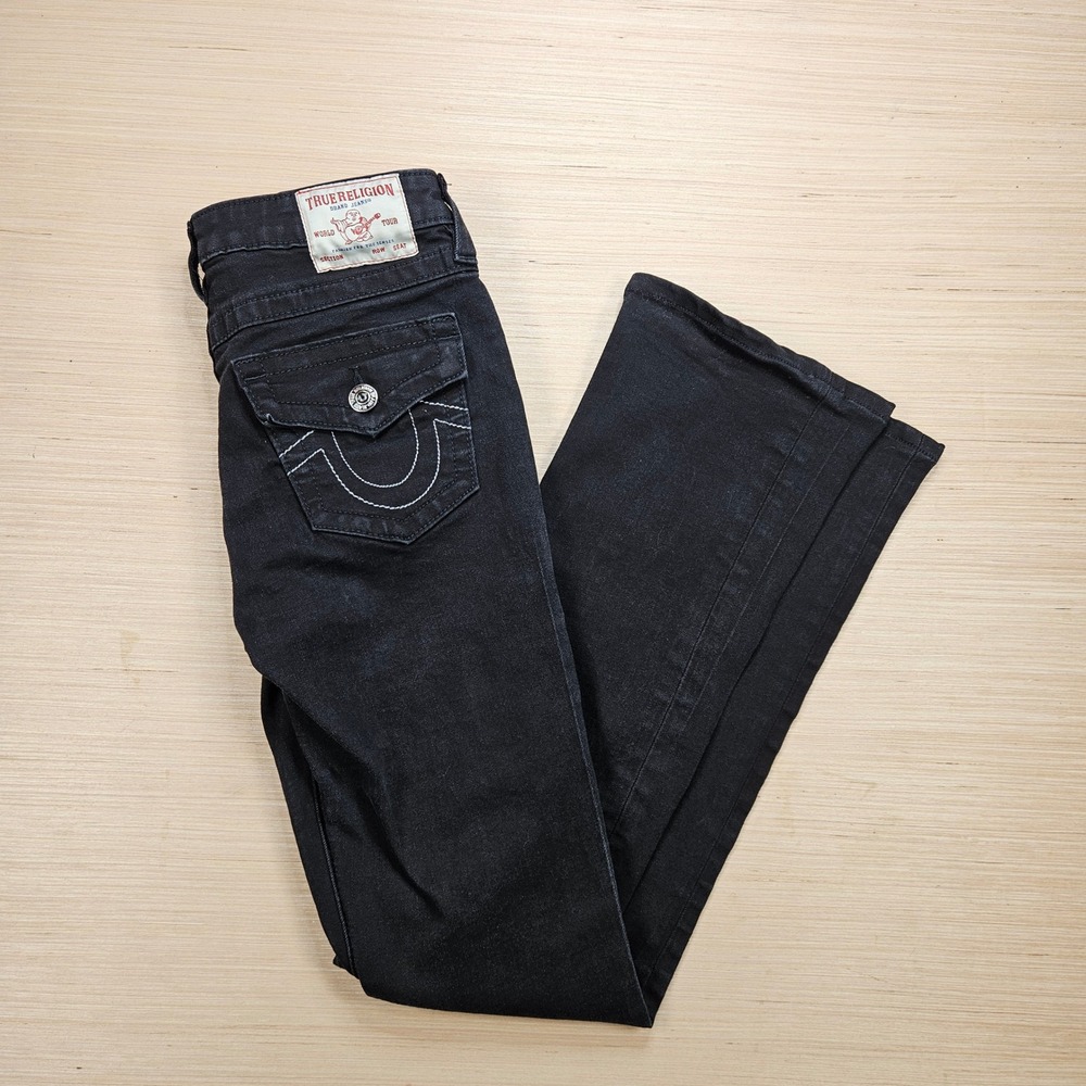 True Religion Becca Bootcut Jeans Women 26 Black Mid Rise Flap Pocket Raw Hem
